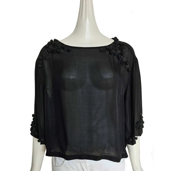 DRIES VAN NOTEN BLACK SHEER BLOUSE WITH BUTTON APPLIQUES (S) - Picture 1 of 10